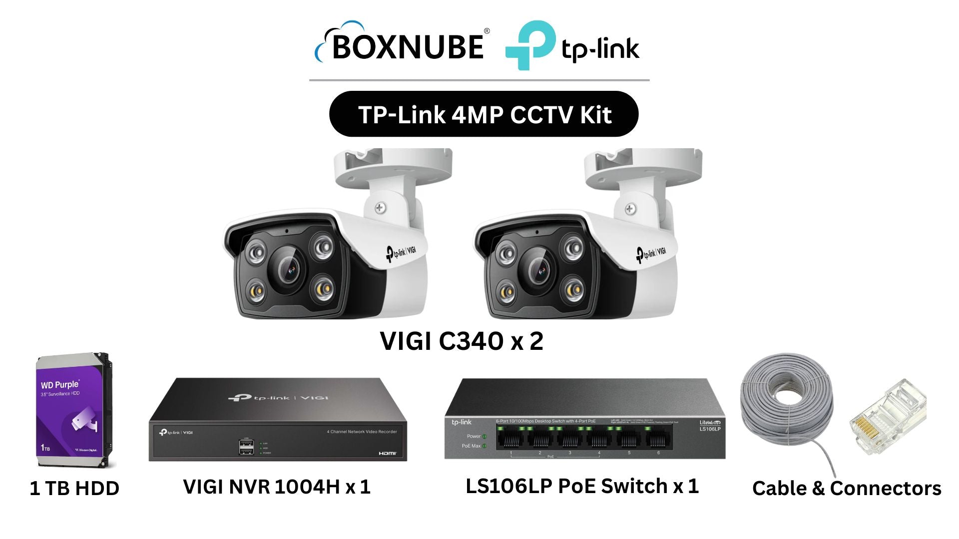 TP-Link VIGI 4MP Full HD 2 Camera Kit Bundle | 2 x VIGI C340, 1 x 4 Channel NVR, 1 x 4+2 Port PoE Switch with 100M CAT6 Cable & RJ45 Connectors TP-Link VIGI 4MP Full HD 2 Camera Kit Bundle | 2 x VIGI C340, 1 x 4 Channel NVR, 1 x 4+2 Port PoE Switch with 100M CAT6 Cable & RJ45 Connectors